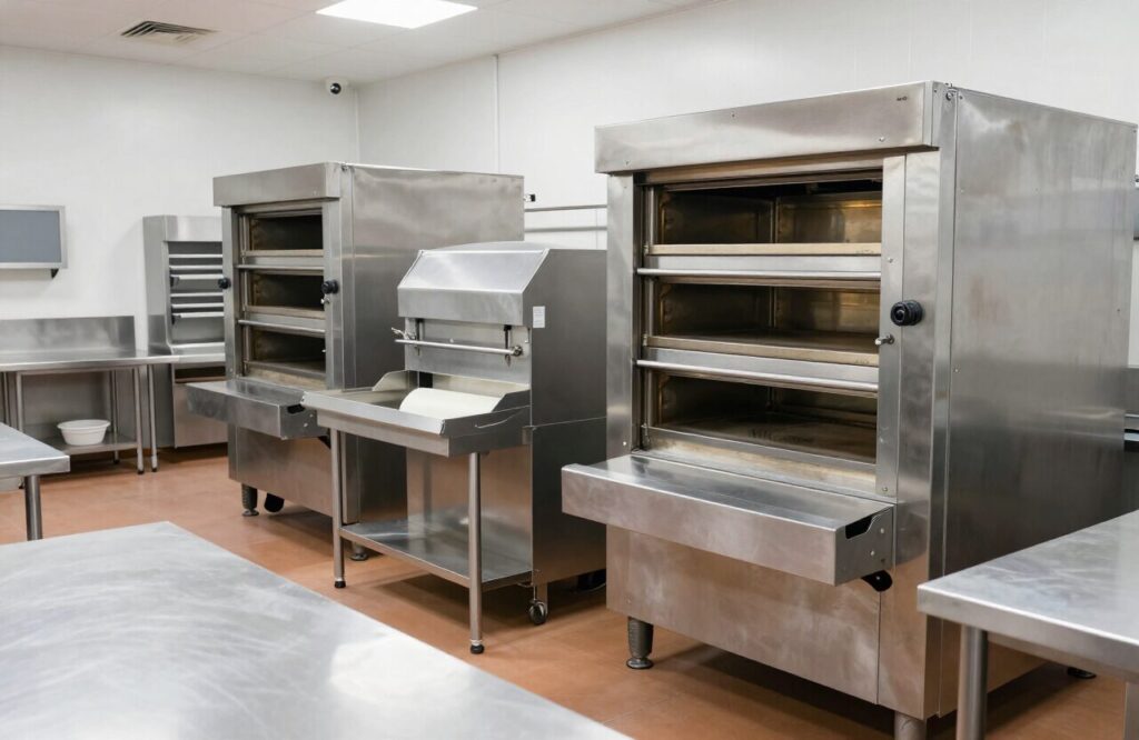 Bakkerijproductiehal met ovens en roestvrijstalen werktafels