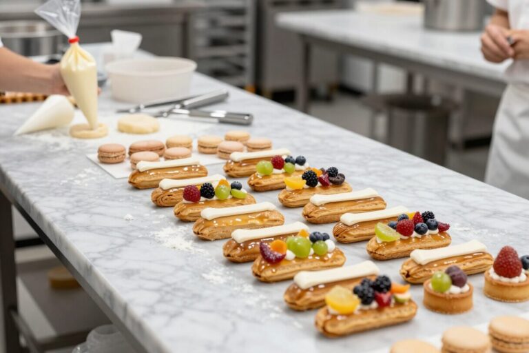 Patisseriewerkruimte met eclairs, fruittaartjes en macarons
