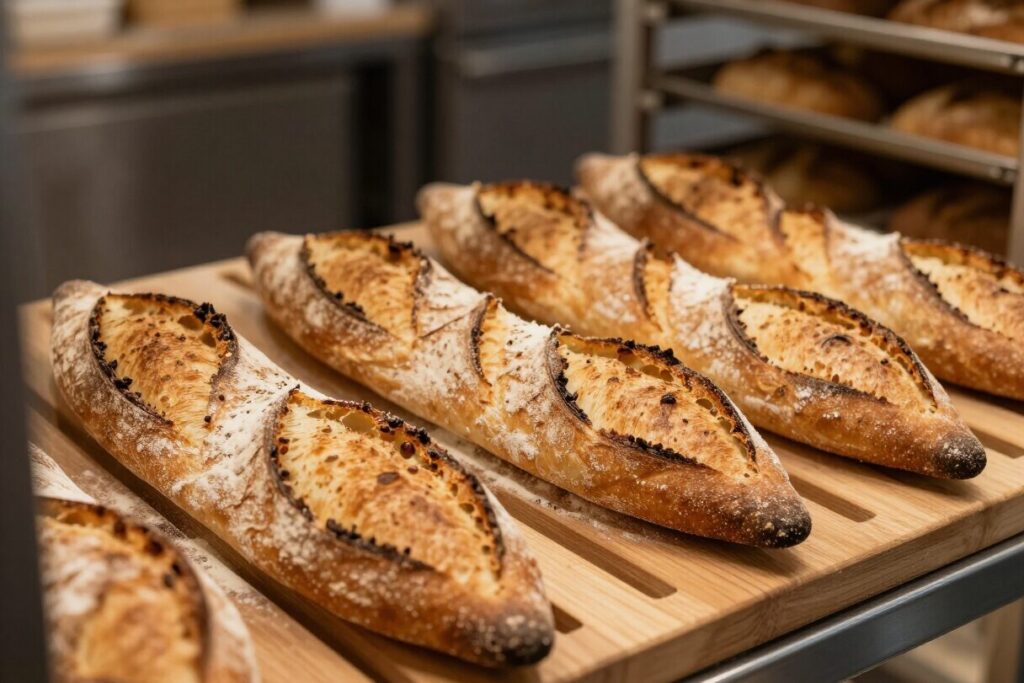 Vers ambachtelijk brood en stokbroden op een bakkersrek