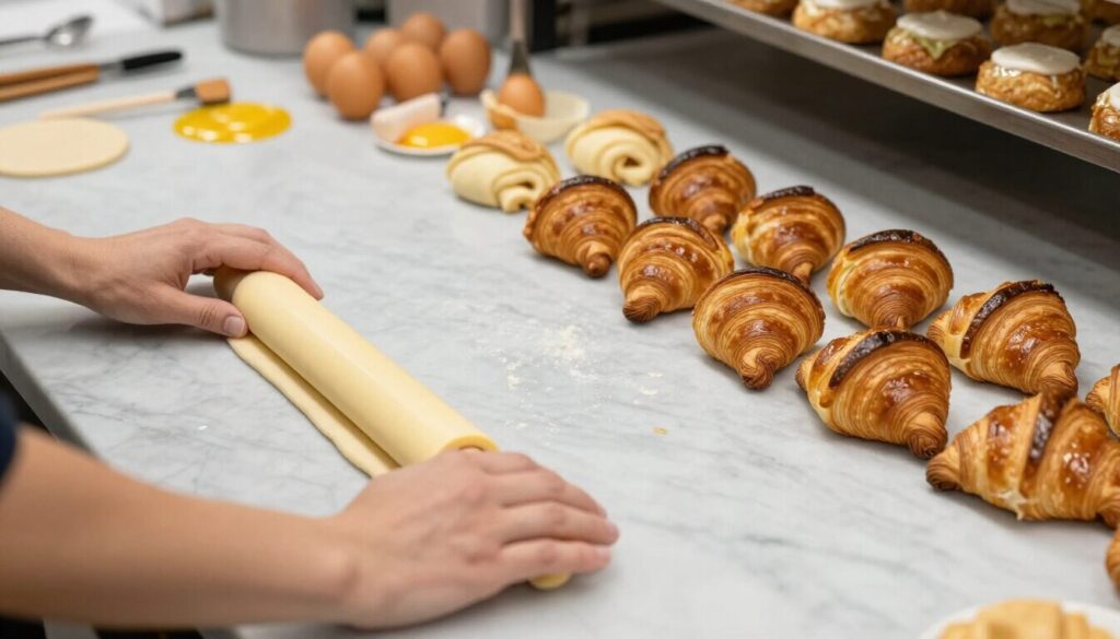 Deegbereiding en croissants klaar voor de oven