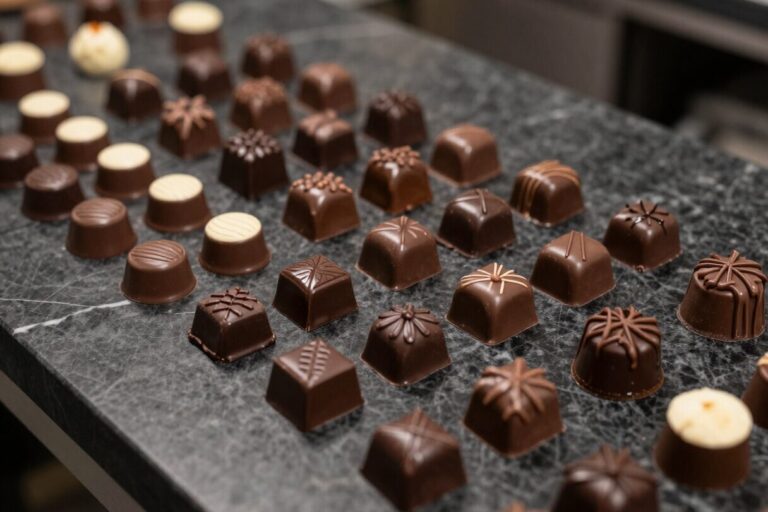 Chocoladewerk en pralines op een marmeren werkblad