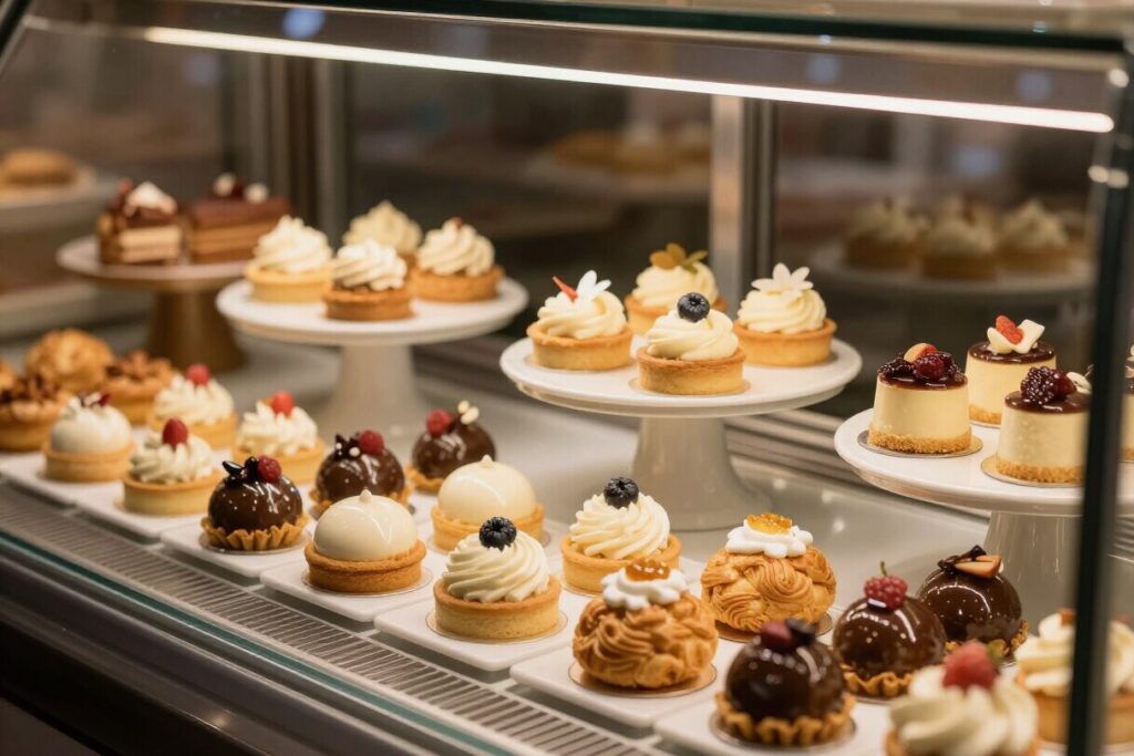 Vitrine met afgewerkt gebak, taartjes en petit fours